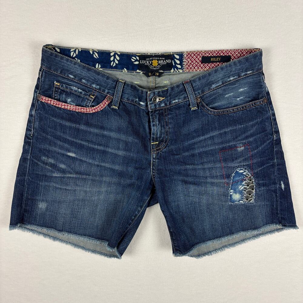 Lucky Brand 8/29 Riley Distressed Cutoff Jean Shorts Stitched Fabric Patches